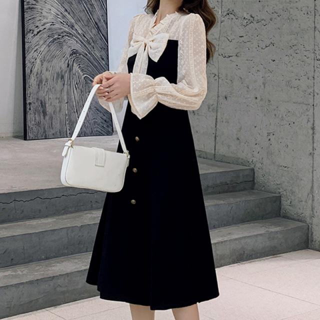 ワンピース ミディアム ミディ丈 秋冬トレンド トレンディ 秋冬ワンピース ワンピ ブラック パフスリーブ フリル 長袖ワンピース リボン ネクタイ リボン M L XL 2XL 3XL 4XL サイズ豊富 大人女子 オシャレ オトナモード クール スタイリッシュ 秋冬デザイン レトロデザインの通販は 5,527円