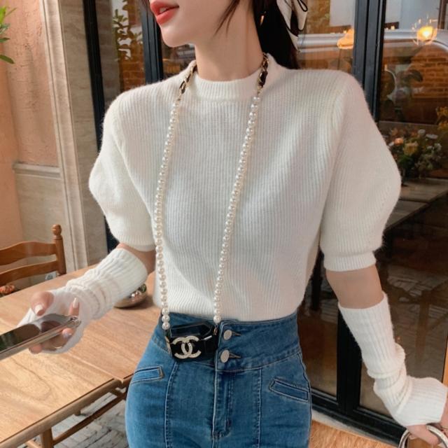 トップス レディース 半袖 ニット アームウォーマー 2点セット クルーネック 定番 2色展開 ホワイト ブラック 秋冬 大人可愛い かわいい キュート きれいめ オシャレ カジュアル ラフ こなれ感 クール かっこいい シンプル 学生 通学 OL 通勤 ママ 公園 ミセス お出かけの通販は 5,980円