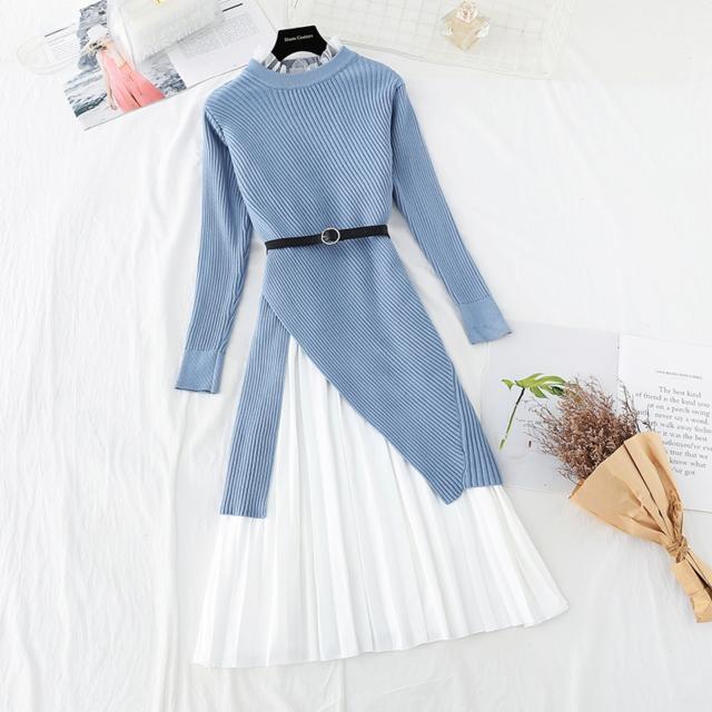 ワンピース レディース ニットワンピ レイヤード リブニット クルーネック 長袖 スリット ベルト シフォンワンピ ハイネック プリーツスカート 異素材 大人可愛い かわいい 大人女子 きれいめ オシャレ シンプル 清楚 上品 こなれ感 フェミニン 4カラー 4サイズ 学生 通学 OLの通販は 6,980円