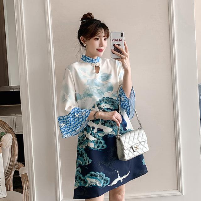 ドレス チャイナドレス 日本柄 和風 ワンピース ショート丈 ショート 袖あり 長袖 プリント 柄 スリット ゆったり おしゃれ お洒落 カジュアル ラフ ルーズ こなれ感 抜け感 大人可愛い かわいい サイズ豊富 大きいサイズ 大きめ 大きい ビッグサイズ 学生 通学 OLの通販は