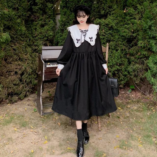 ブラックワンピース ワンピドレス パフスリーブ お出かけファッション  