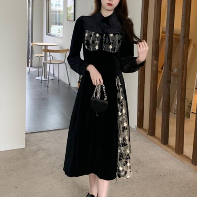 ワンピース ドレス シースルー スリット 花柄刺繍 フラワー パフスリーブワンピース パフスリーブ 長袖ワンピース デザイン重視 切り替えしデザイン 袖あり 長袖 パフ袖 ミドル丈 春 秋 学生 通学 お洒落 お出かけ デート 女子会 お泊まり キュート 可愛い ガーリーの通販は