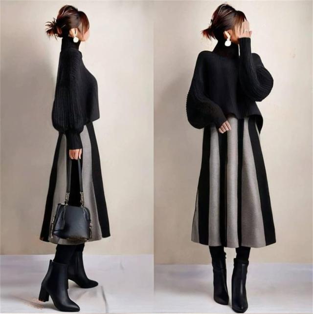 レディース 2点セット セットアップ ハイネックセーター＆ストライプスカート 冬服 冬トップス スカートスーツ ランタンスリーブ ハイウエスト フレア型 ドンキング ゆったり お洒落 エレ カジュアル