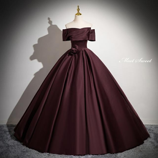 カラードレス プリンセスライン ブラウン オフショルダー サテン ロングドレス ウェディングドレス 結婚式 二次会 花嫁 前撮り 発表会 演奏会 ウエディングドレス パーティードレス ブ ステージ衣装