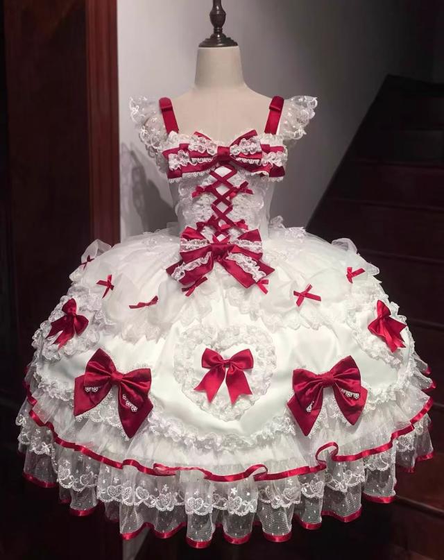 ロリータ ドレス ジャンパースカート 大人 お姫様 可愛い ロリータファッション ミドル丈 膝丈 ワンピース Aライン レース 蝶リボン フリルいっぱい ハート ふわふわ ゴスロリ 萌え萌え