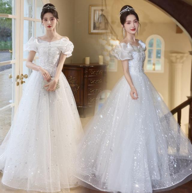 ロング パーティードレス カジュアル 結婚式 披露宴 ロング丈 マキシ丈 ウェディングドレス ベア ショルダー 肩フリル ビーズ スパンコール キラキラ 可愛い お呼ばれ 発表会 演奏 二次会