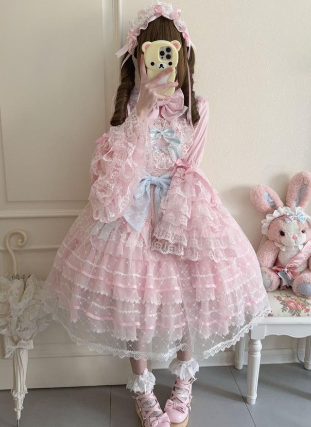 ロリータ ドレス ジャンパースカート 大人 ミドル丈 お姫様 ゴスロリ＆ロリータ服 甘ロリー 洋装 ファッション レディース Lolita Dress レース フリルいっぱい ティアード ふわ リボン