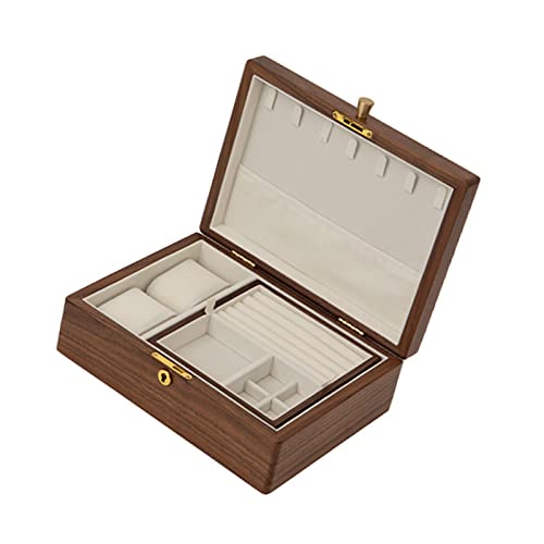 RIFWOVE ジュエリーディスプレイストレージ、ソリッドウッドジュエリーストレージボックス、25x19x9cm、二層、無垢材の質感、ジュエリーオーガナイザーケース、ネックレス、イヤリング、リングブレスレット用 男女兼用