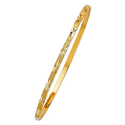 Wellingsale 14K ソリッドイエローゴールド スリップオン ダイヤモンドカット スタッキングバングルブレスレット (複数のスタイルをご用意), 金属