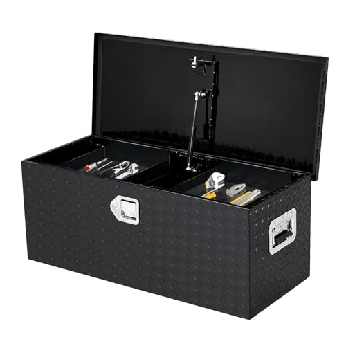 36インチ 高耐久 アルミニウム ダイヤモンドプレート ツールボックス ピックアップトラック 荷台 RV トレーラー ツールボックス 防水 正方形 収納オーガナイザー サイドハンドル ロック 鍵付き 36インチ x 15インチ x 14インチ ブラック