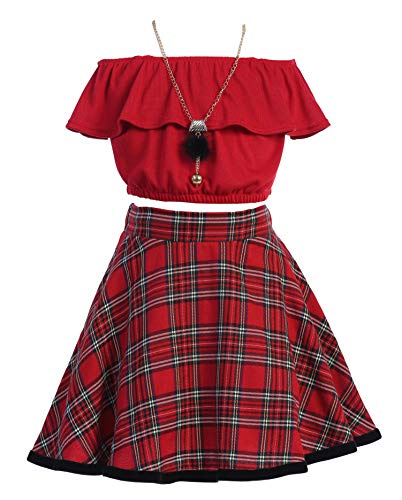 コールドショルダー クロップトップ フリル レイヤードトップ フラワーガールスカートセット 女の子用 US サイズ: 12