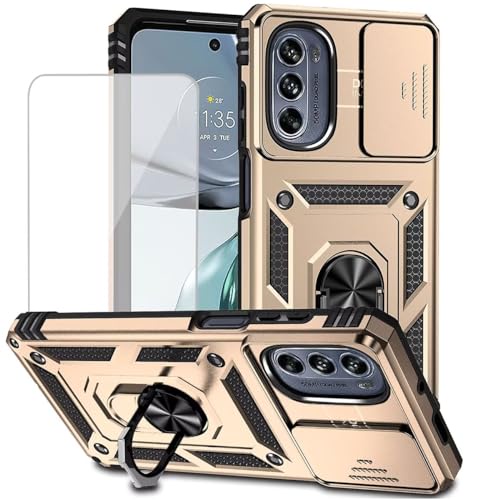 Yodueiv Moto G62 5G用ケース Motorola G62 5Gケース 強化ガラススクリーンプロテクターとスライドカメラカバー付き 磁気リングカーマウントホルダー キックスタンド 保護カバー Motorola Moto G62 5G用 ゴール