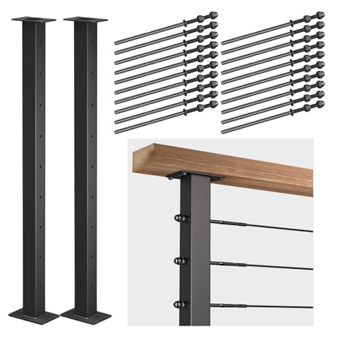 Deck Man ステンレススチールケーブルレールポスト(2インチ×2インチ) 1/8ケーブルレールキット付き レベルドリル(2個、ブラック、36インチ) 2個パック