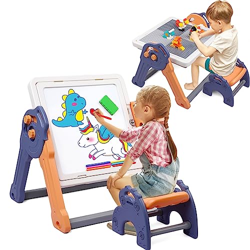 子供用イーゼル 折りたたみ式 幼児用イーゼル ビルディングブロックテーブル付き キッズ スタンディングアートイーゼル ペイントアクセサリー付き ホワイトボード ホワイトボード キッズ 幼児 男の子 女の子