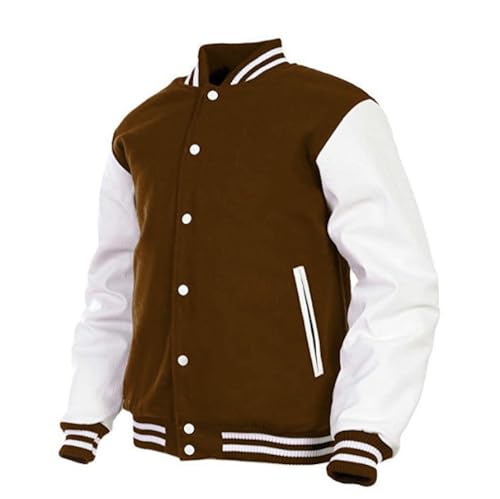 メンズバーシティジャケット 本革スリーブとウールブレンド レターマン ボーイズ カレッジ バーシティジャケット XS-5XL, ブラウン(Ar-1), XX-Large