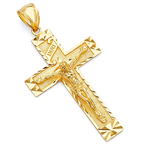 Wellingsale 14 Kイエローゴールド光沢仕上げダイヤモンドカットReligiousカトリックラテン十字架ペンダント