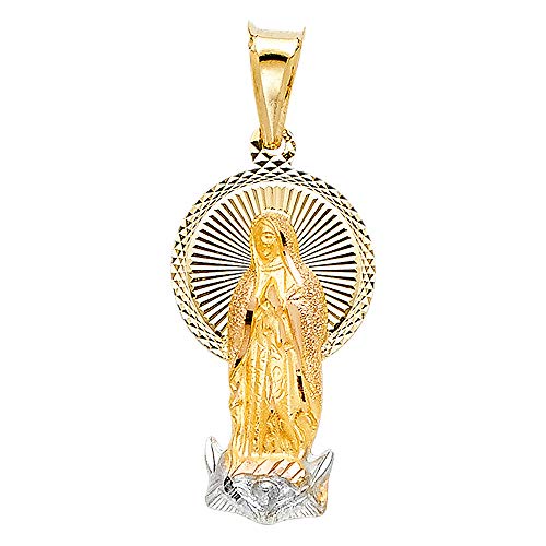 Wellingsale 14 K 2つ2トーンホワイトとイエローゴールド光沢ダイヤモンドカットReligious Our Lady of Guadalupeチャームペンダント
