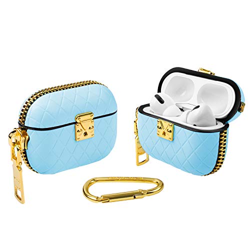 WEISHIJIE AirPods Pro用ケース Airpods Proカバー 本革 AirPodsケース アーガイルパターン 電気メッキメタルキーチェーン ゴールドバックル付き (スカイブルー)
