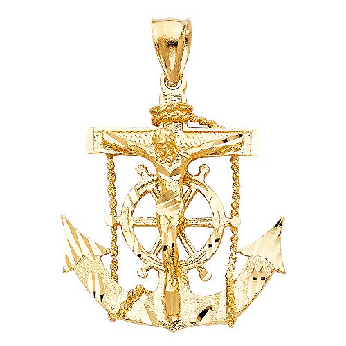Wellingsale 14 Kイエローゴールド光沢仕上げダイヤモンドカットOrnate Religious Marinerアンカーカトリック十字架ペンダント