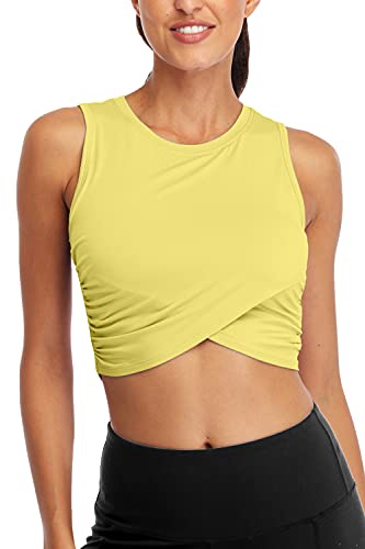 Sanutch クロップトップ ワークアウトシャツ ヨガ ワークアウト クロップトップ 女性用 US サイズ: Medium カラー: イエロー