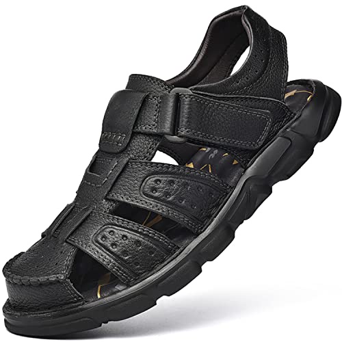 Feichi メンズ スポーツサンダル クローズドトゥ アウトドア ハンドメイド レザー サンダル 調節可能 夏 フィッシャーマン ビーチシューズ US サイズ: 7 カラー: ブラック