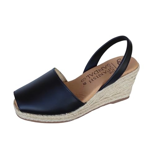 The Spanish Sandals co エスパドリーユウェッジレディースサンダル - 快適なAvarcas ピープトゥサンダル - Menorquinas ウェッジサンダル 女性用 - エスパドリーユウェッジサンダル - ブラック, ブラック, 9-