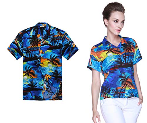 ハワイアンルアウの服装のアロハシャツ、サンセットブルーのカップルマッチング Men 2XL Women L