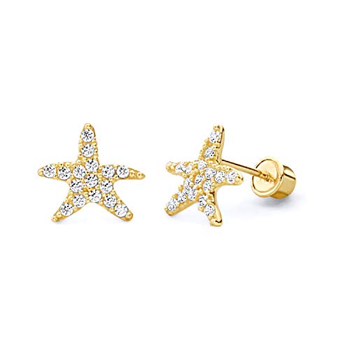 Wellingsale 14 KイエローゴールドポリッシュSea Starスタッドイヤリングスクリューバック