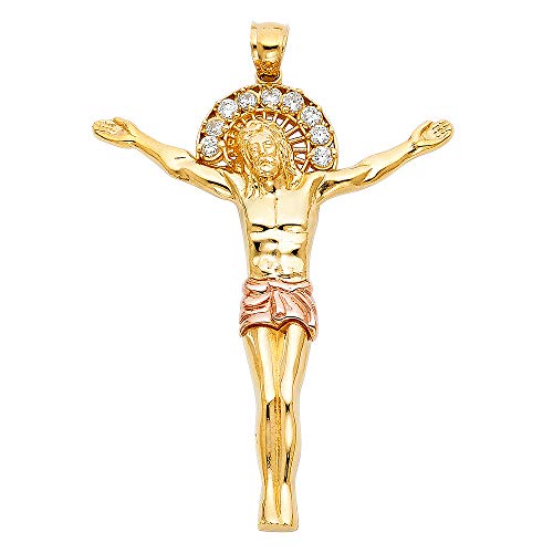 Wellingsale 14K ツートーン ローズとイエローゴールド 光沢ダイヤモンドカット 装飾 宗教 イエスキリスト 吊り下げチャームペンダント キュービックジルコニアアクセント付き