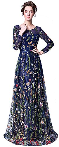 Honeydress レディース 刺繍長袖マキシドレス, ネイビー, 18 Plus
