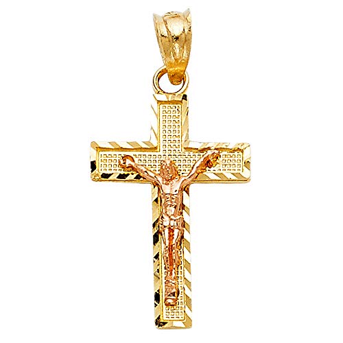 Wellingsale 14 K 2つ2トーンローズと黄色 ？ または-ホワイトとイエローゴールドポリッシュMilgrainとダイヤモンドカットReligious Catholicラテン十字架チャームペンダント