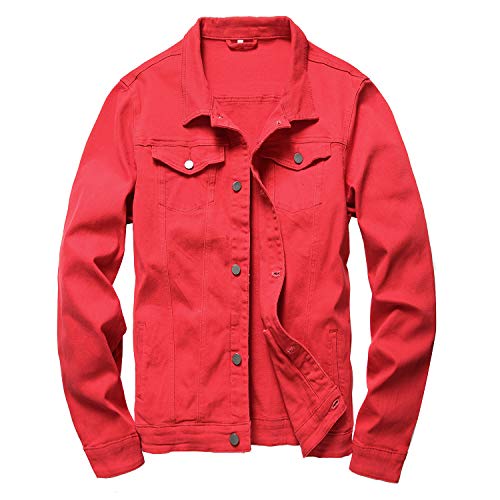 LAMKUKU メンズ デニムジャケット リップド スリム ジーンズ ジャケット コート US サイズ: XX-Large カラー: レッド