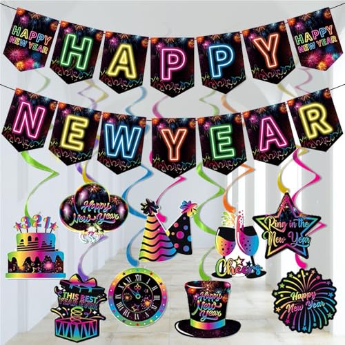 ハッピーニューイヤーデコレーション2025、ネオンハッピーニューイヤーバナーと天井吊り下げ渦巻き装飾2025年大晦日パーティー装飾用品。