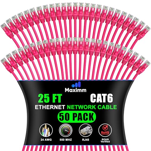 Maximm Cat 6 イーサネットケーブル 25フィート (50本パック) - 高速LANケーブル、インターネットケーブル、パッチケーブル、ネットワークケーブル - UTP、10Gbps、550MHzイーサネットコード - ピンク