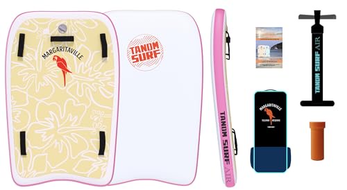 TANDM Surf Margaritaville 空気注入式タンデムボディボード 高耐久万能 - シャークタンクに見られるように - ピンクイエロー 2人のライダー用 - アクセサリー付属 キャリーケース ポンプ メンテナンスキット