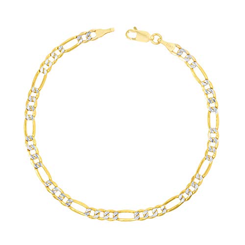 Nuragold 10K イエローゴールド ソリッド 5mm フィガロチェーン リンク ダイヤモンドカット パヴェ ツートンカラー ブレスレット メンズ レディース ロブスタークラスプ 7インチ 7.5インチ 8インチ 9インチ 本物のソリッドゴールドジュ