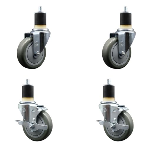 Service Casterブランド ステンレススチール ポリウレタン スイベル拡張ステムキャスター 4個セット 4インチ x 1.25インチのグレーホイールと1-7/8インチのステム トップロックブレーキ付き 2個付き 総容量 1400ポンド