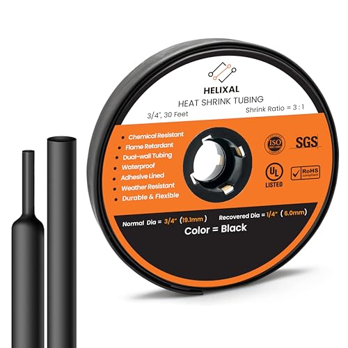 HELIXAL 3/4インチ 熱収縮チューブ 3:1比 ワイヤー熱収縮チューブ 工業および海洋グレード 二重壁粘着裏地ワイヤーシュリンクラップチューブ 防水熱収縮チューブ - ブラック-30フィートロール