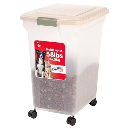 IRIS USA 55ポンド/67クォート WeatherPro 密閉 ペットフード保存容器 取り付け可能なキャスター付き 犬 猫 鳥 その他のペットフードストレージビン 害虫を寄せ付けない 半透明ボディ パール/アーモンド