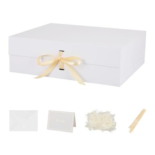 BoxSkivra White Large Gift Box with Ribbon 1 Pack 19x16x6 Inch Extra Large Gift Box with Lid Magnetic Closure Rectangle Collapsi