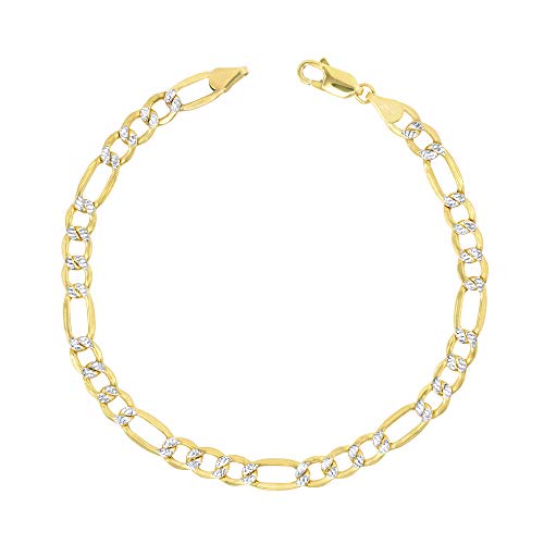 Nuragold 10K イエローゴールド 5.5mm フィガロチェーンリンク ダイヤモンドカット パヴェ ツートンカラー ブレスレット メンズ レディース ロブスタークラスプ 7インチ 7.5インチ 8インチ 9インチ 本物のゴールドジュエリー, 8 5