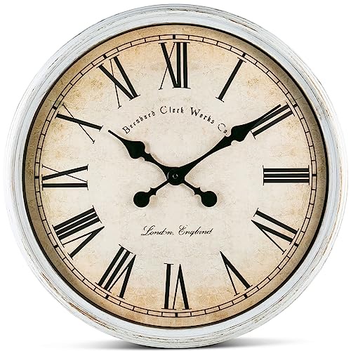 Bernhard Products 大型 装飾壁掛け時計 20インチ 静音 カチカチ音なし 電池式 クォーツ ヴィンテージ スタイリッシュ 素朴な白い縁 家庭/ダイニングルーム キッチン 暖炉用