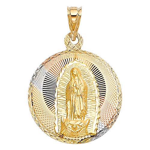 Wellingsale 14 K 3 3色ゴールド光沢仕上げダイヤモンドカットReligious Our Lady of Guadalupeチャームペンダント