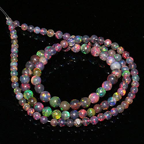 Gemswholesale 天然エチオピアンウェルロ ファイアオパール ラウンドボール サイズ:3~4mm 長さ 15インチ ネックレス