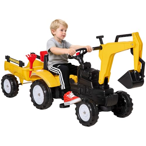 Aosom Digger ライドオントラック キッズカー ホーン付き ショベル乗車玩具 想像力に富んだおもちゃ建設車 6輪 & 取り外し可能なトレーラー、イエロー