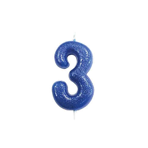 Age 3 Glitter Numeral Moulded Pick Candle Blue