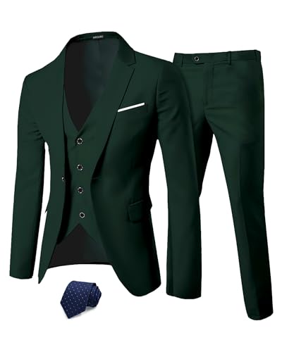 MrSure メンズ 3ピース スーツブレザー スリムフィット タックス ボタン1つ ジャケットベストパンツ ネクタイセット パーティー 結婚式 ビジネス用 US サイズ: Medium カラー: グリーン