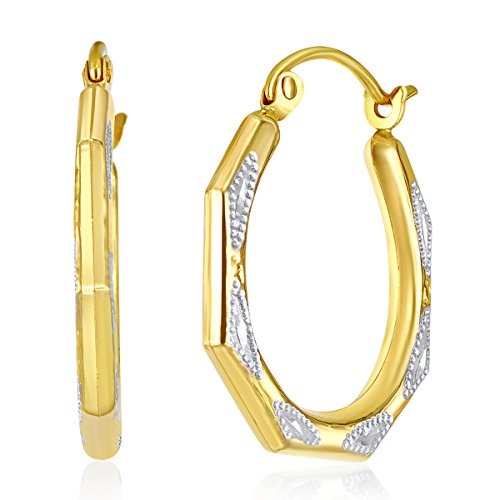 Wellingsaleレディース14 K 2つトーンホワイトとイエローゴールド光沢仕上げファンシーフープイヤリング( 18 x 18 mm )