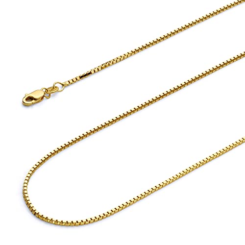14 K黄色またはホワイトゴールドWellingsaleソリッド1 mm光沢仕上げボックスリンクチェーンネックレスwith Lobster Claw Clasp