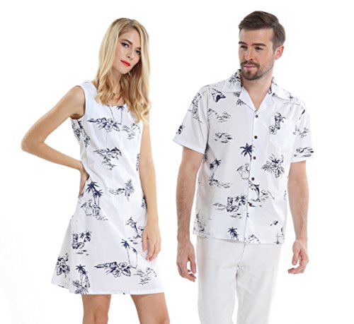 カップルお揃い ハワイアン ルアウ クルーズ アウトフィット シャツ ドレス クラシックホワイト US サイズ: Men L + Women M カラー: ホワイト